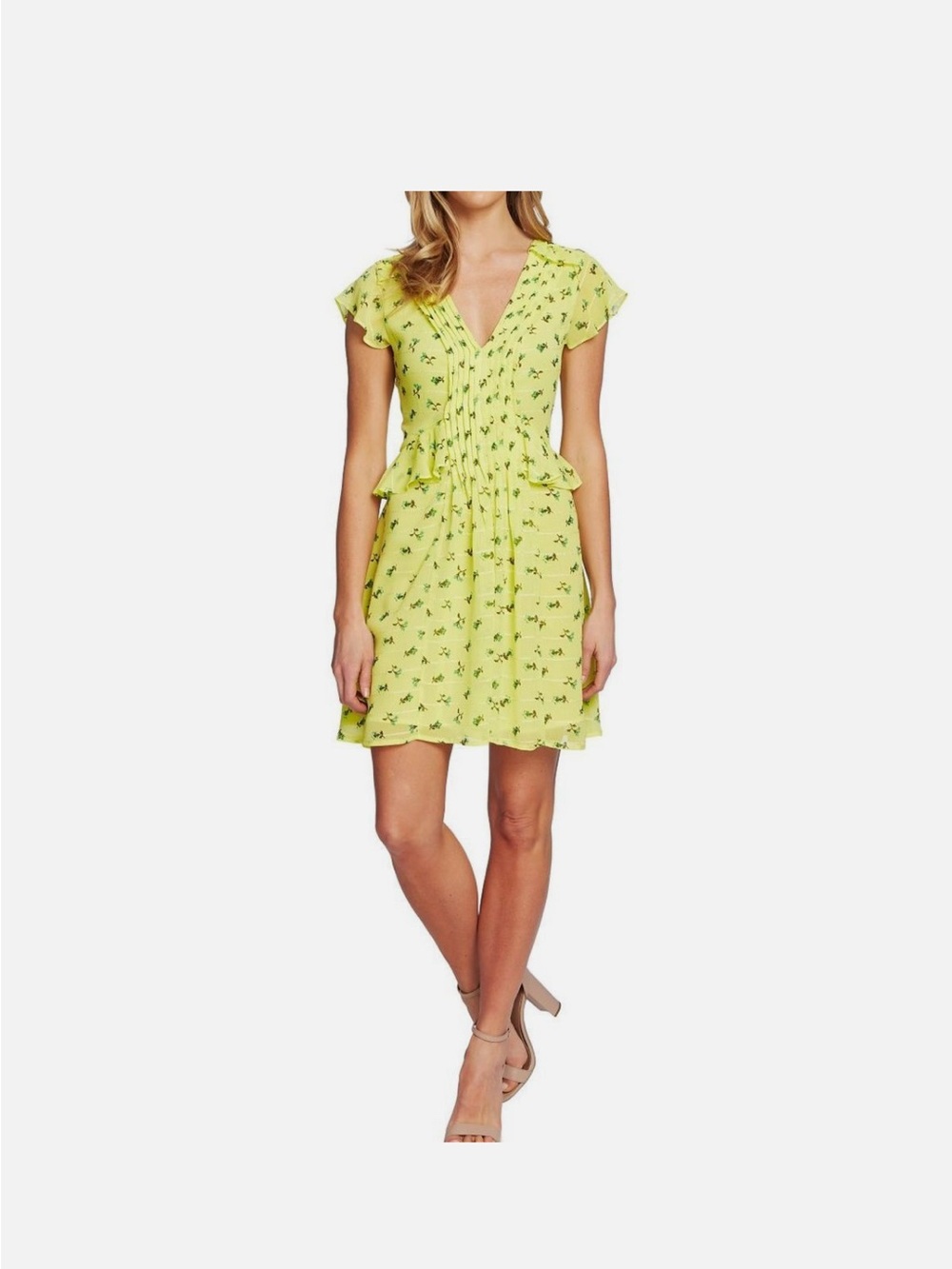 CeCe Lemon Yellow Floral V-Neck Short Dress